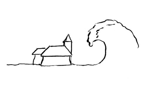 Line drawing of a big wave next to building