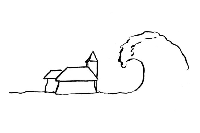 Line drawing of a big wave next to building