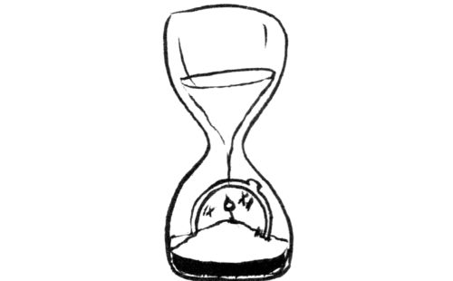 Ink drawing of a watch in a sandglass